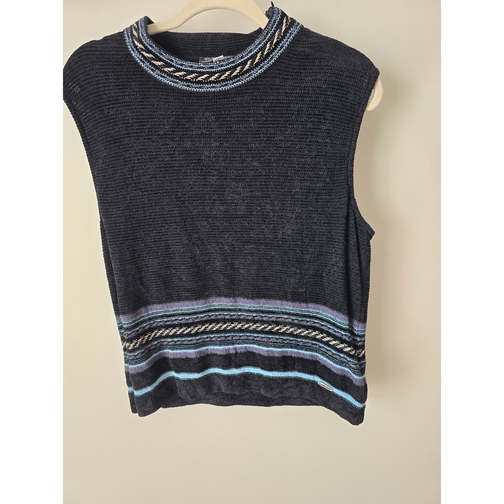 St John Sport Marie Gray Black Knit Sleeveless Top‎ Wool Blend Size L Geometric